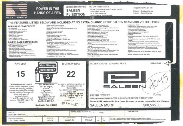 2007 Ford Saleen Mustang GT Parnelli Jones 302 Limited Edition