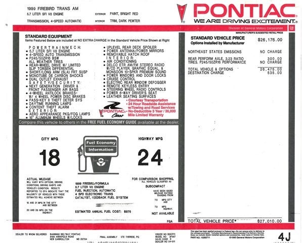 1999 Pontiac Firebird Trans Am Firehawk SLP