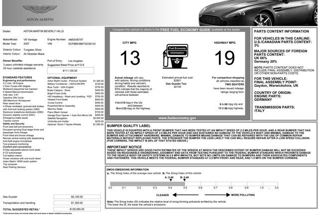 2007 Aston Martin V8 Vantage 2dr Cpe Manual
