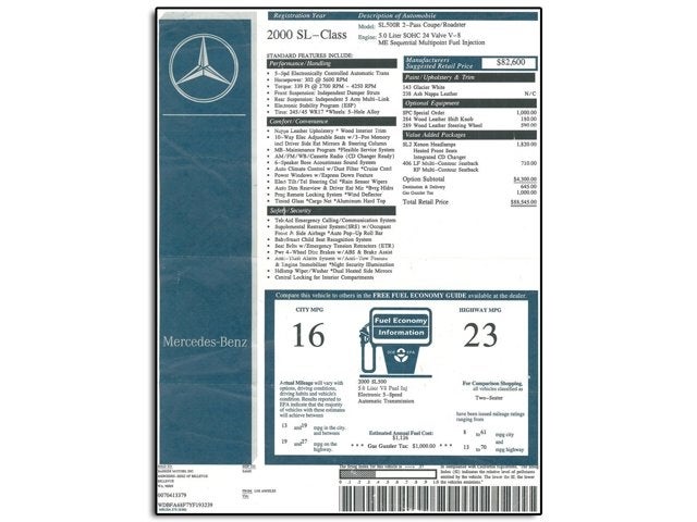 2000 Mercedes-Benz SL500 2dr Roadster 5.0L